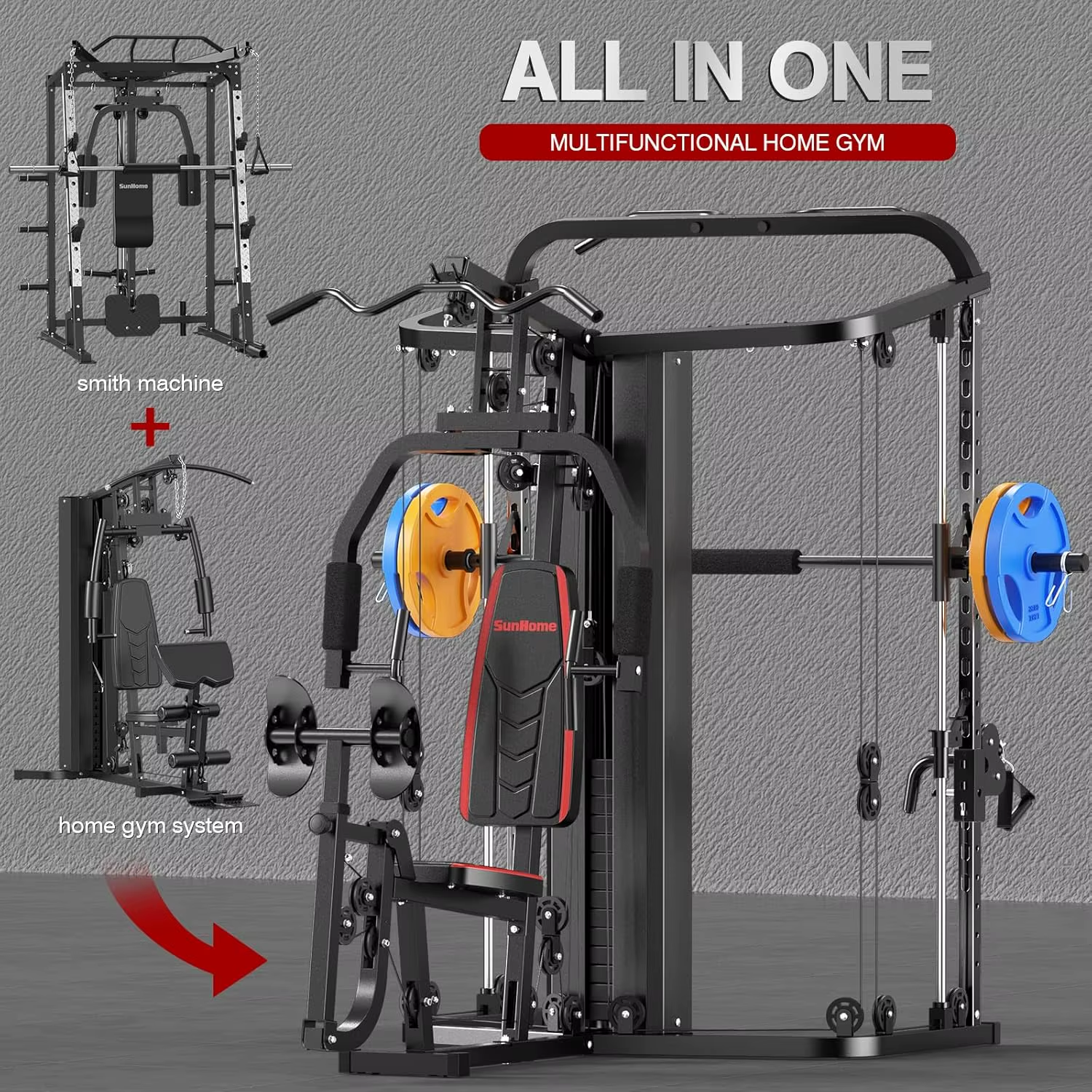 Home Gym Smith Machine with 138LB Weight Stack, Leg Press & LAT Station for Full Body Workouts