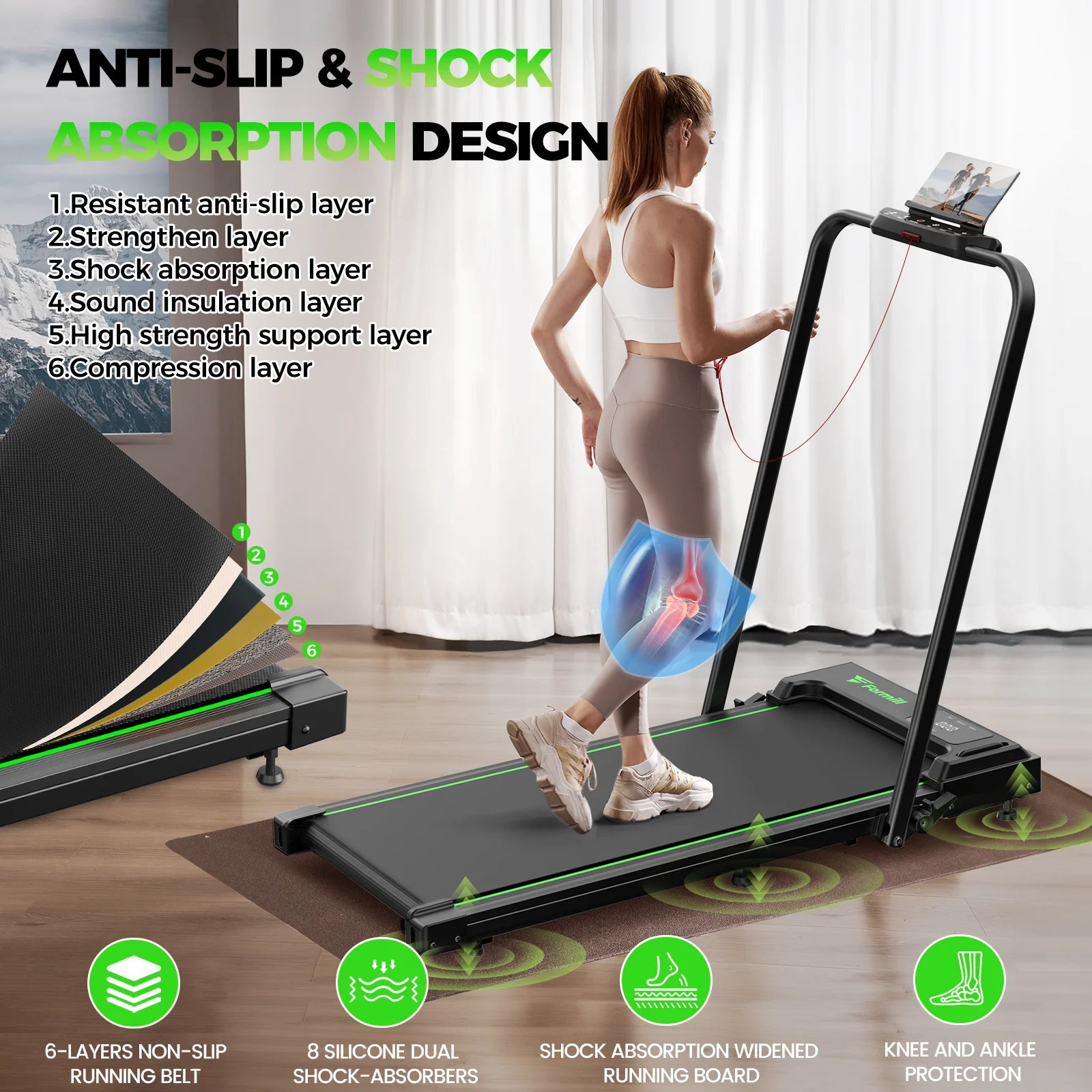 Treadmill 2 in 1 for Home/Office, 300 Lbs Walking Pad Treadmill with Handlebar,Under Desk Treadmill with Mat, Touch Control,Led Display & Remote Control