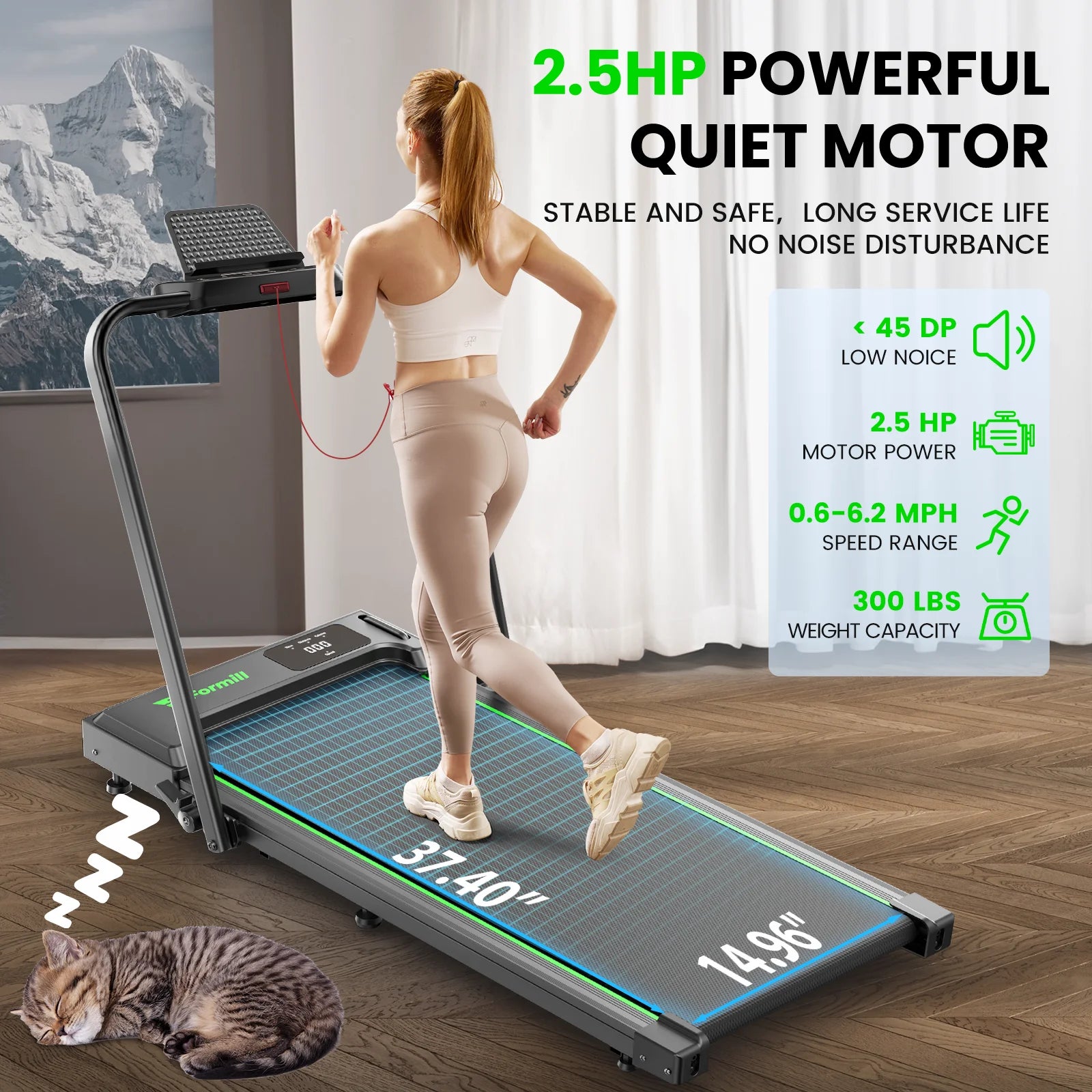 Treadmill 2 in 1 for Home/Office, 300 Lbs Walking Pad Treadmill with Handlebar,Under Desk Treadmill with Mat, Touch Control,Led Display & Remote Control