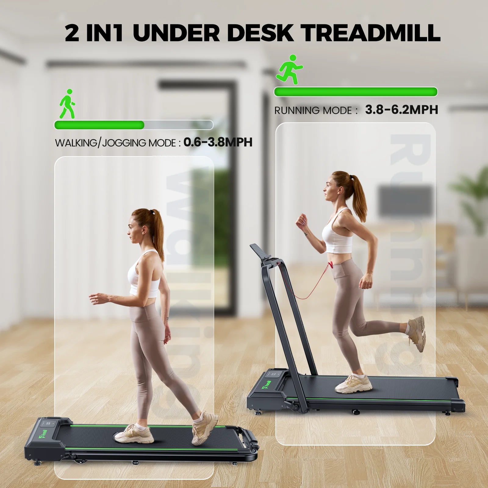 Treadmill 2 in 1 for Home/Office, 300 Lbs Walking Pad Treadmill with Handlebar,Under Desk Treadmill with Mat, Touch Control,Led Display & Remote Control